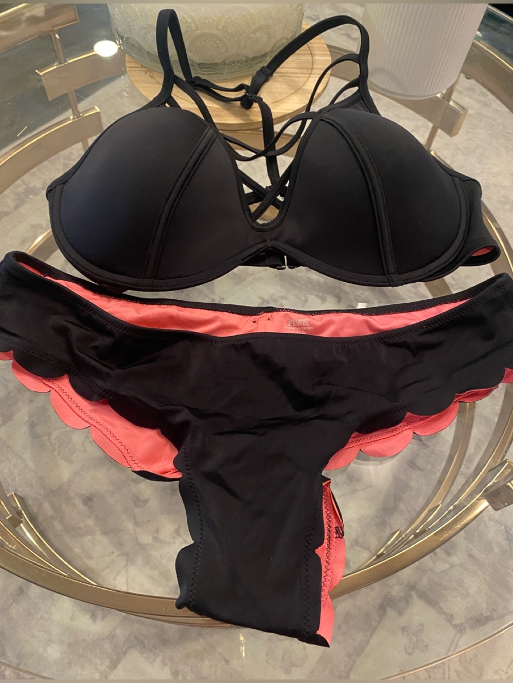 PINK Black & Coral Two-Piece Women's Swim Bikini size large bottoms M D/DD top